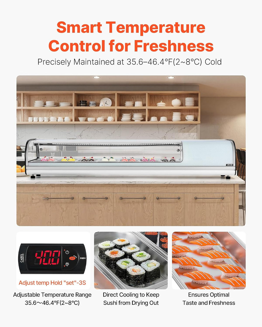VEVOR Sushi Display Case Refrigerator, 2.5 Cu.ft Commercial Sushi Case, 7-Pan Countertop Showcase with Curved Glass, LED Lighting, and Digital Temperature Control, for Sushi-Bar, Restaurant, Store