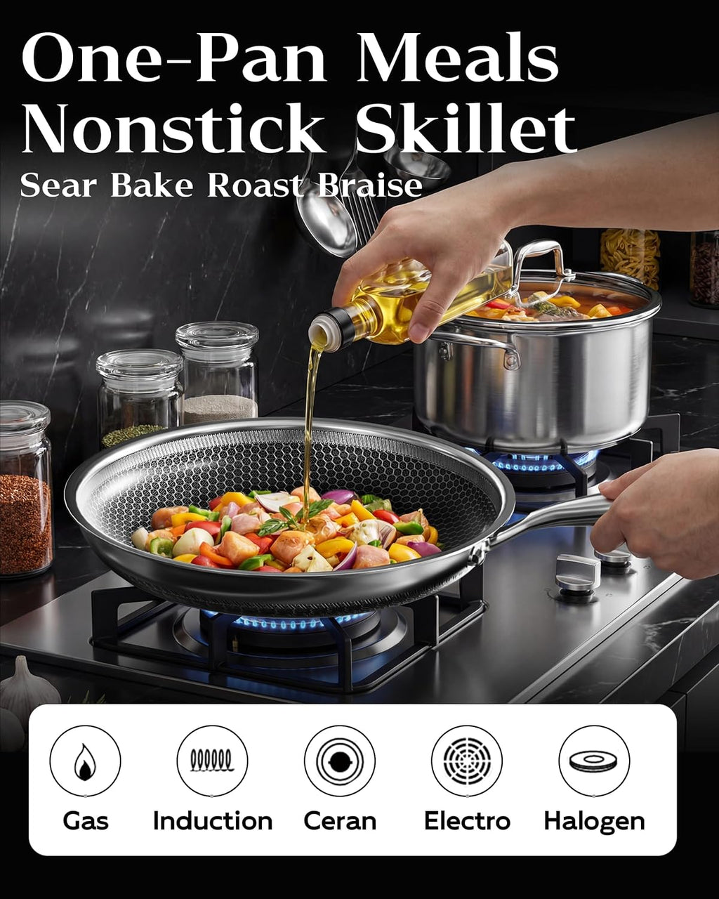 Nonstick Frying Pan Set with 3 Lids, 8+10+12 Inch, Honeycomb Stainless Steel Skillet Pans Set, PFOA-Free Scratch-Proof, Dishwasher & Oven Safe, Compatible with All Cooktops