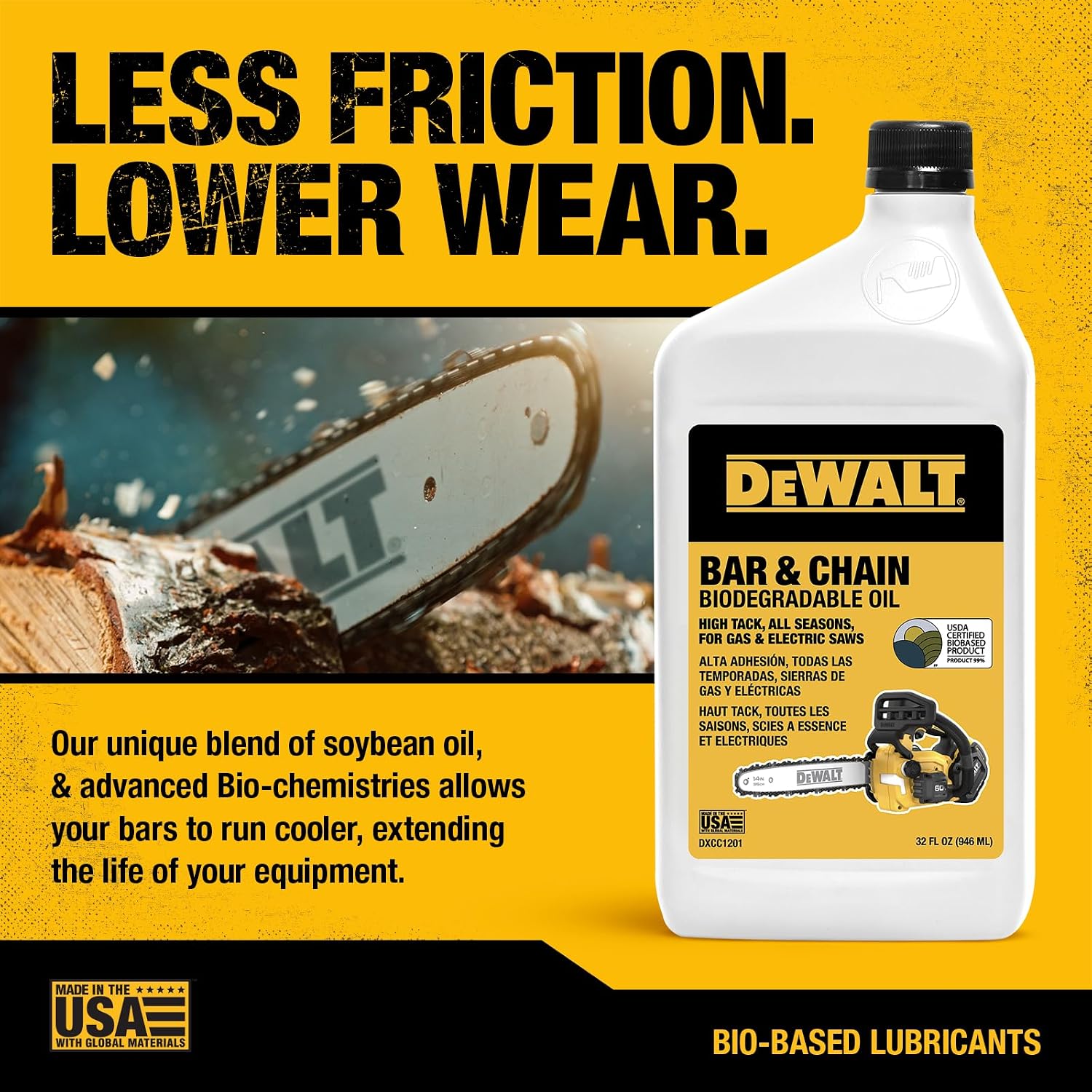 DEWALT – Biodegradable Bar & Chain Oil – Green, Eco-Friendly, Non-Toxic Professional Bar & Chainsaw Lubricant – Ultraclean All-Season Oil for Gas, Electric Saw, and Pole Saw, 32 oz (Case of 12)