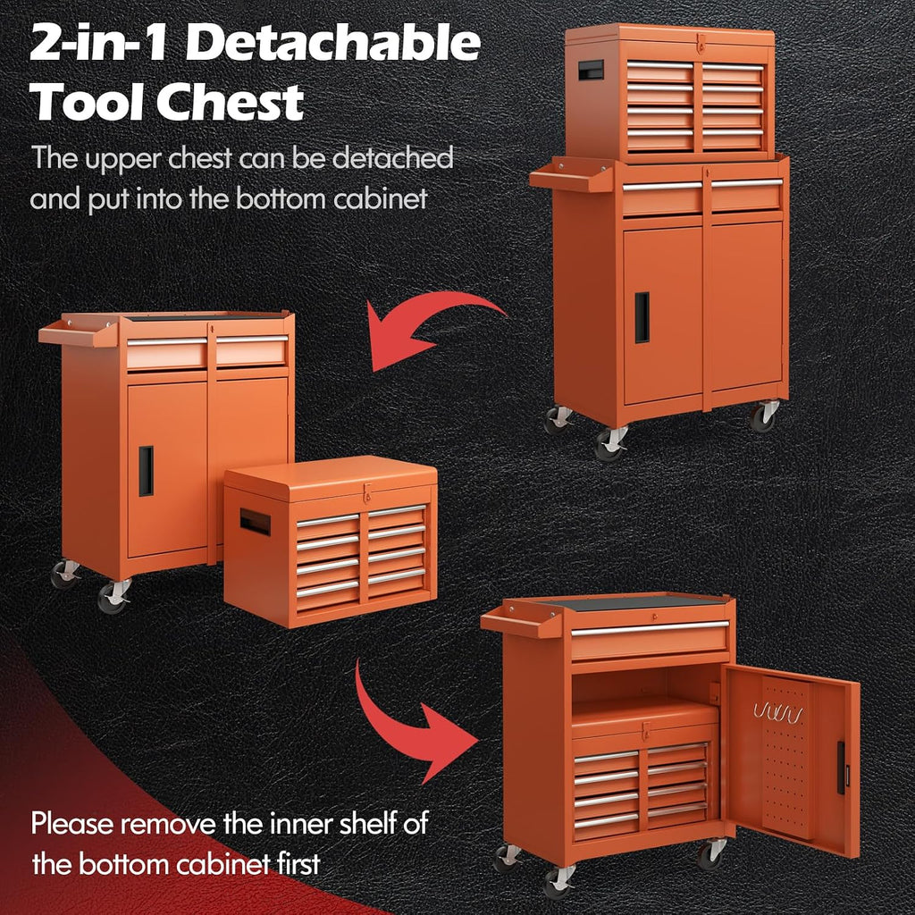 S AFSTAR 5-Drawer Rolling Tool Chest, Lockable Wheels, Adjustable Shelf & Anti-Slip Liner, Detachable Tool Box Organizer, Garage Workshop (Orange)