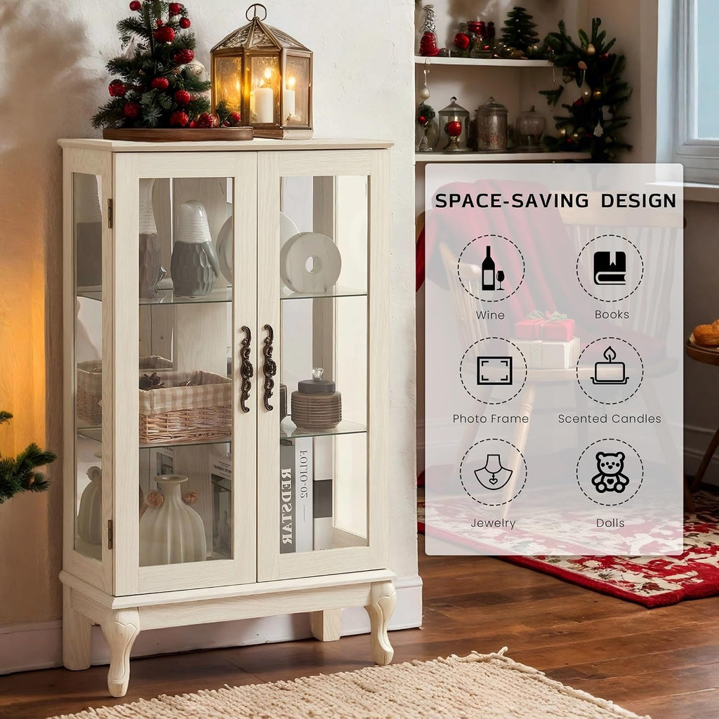 44' Small Lighted Glass Accent Curio Cabinet, Vintage China Cage with 2 Tempered Glass Doors & Adjustable Shelves, Acrylic Pane, Elegant Wine Artwork Showcase Rack for Living Room (Antique White)