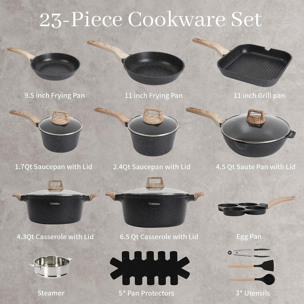 Pots and Pans Set, Nonstick Kitchen Cookware Sets，23Pcs Black Granite Induction Non-Toxic Healthy Kitchen Cooking Set w/Frying Pans, Saucepans, Griddle, EggPan（PFOS, PFOA Free）