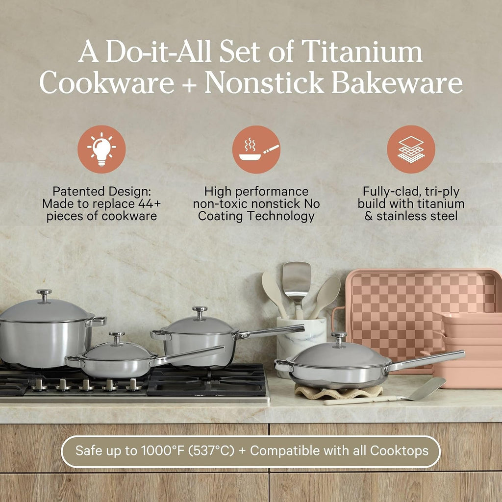 Our Place 15-Piece Titanium Pro Cookware & Bakeware Set | Tri-Ply Titanium & Stainless Steel Nonstick Fry Pans & Pots | Ceramic Nonstick Bakers & Griddle Pan | Non-toxic, PFAS-Free | Spice