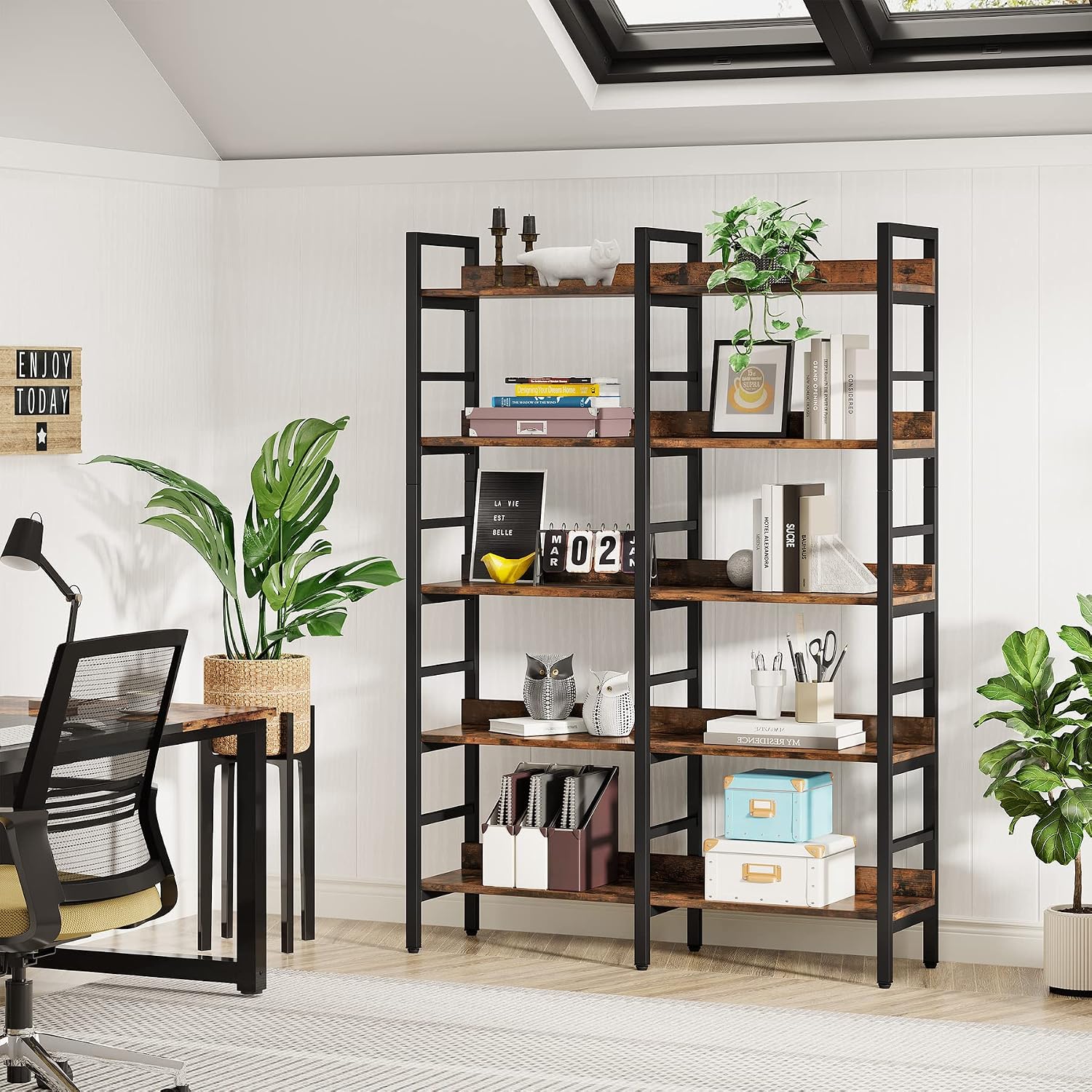 Tribesigns 5-Tier Industrial Bookshelf, 71'H x 47'W Etagere Bookcase, Freestanding Double Wide Book Shelf for Storage and Display, Wood and Metal Bookshelves for Living Room Home Office, Rustic Brown