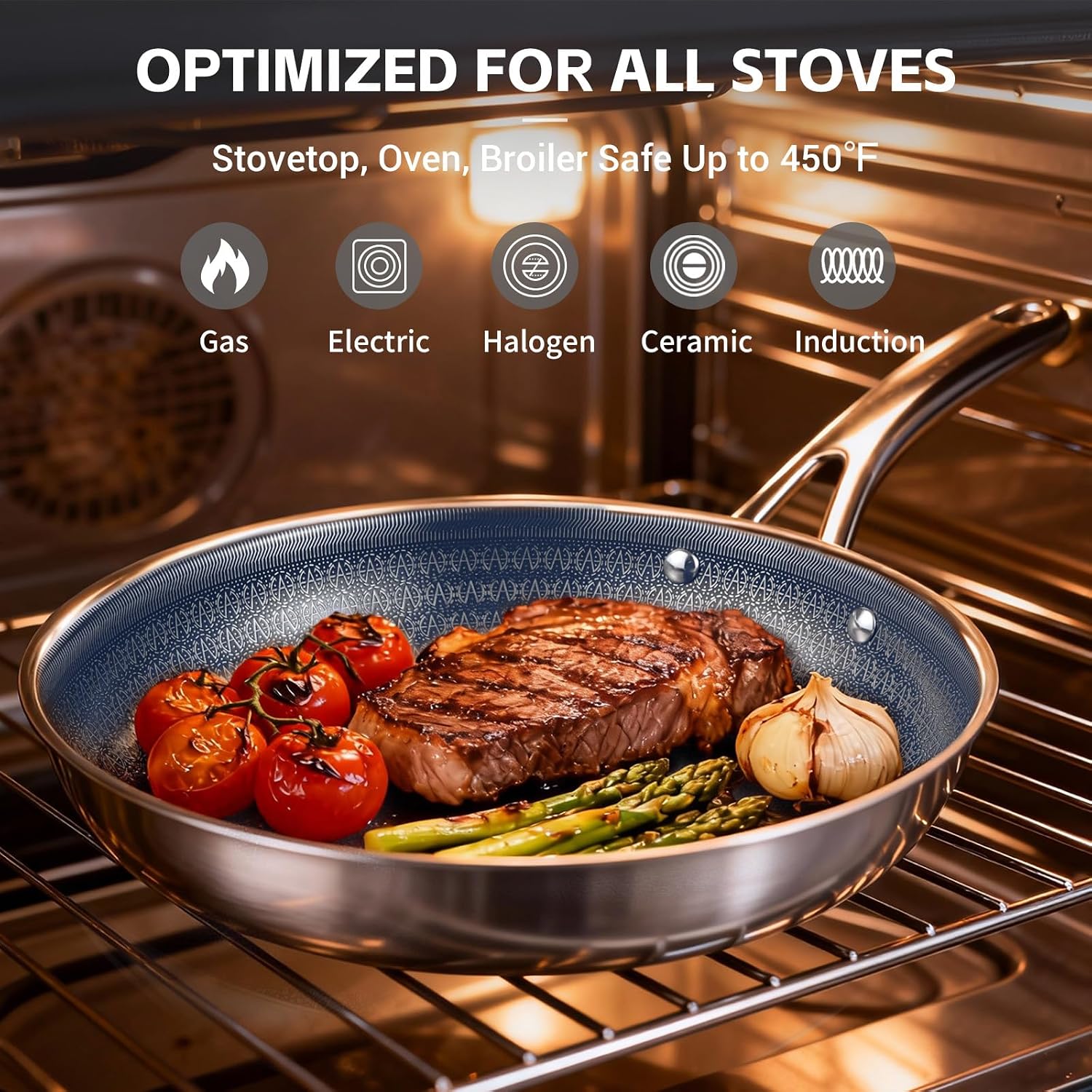 Ammeloo Hybrid Stainless Steel Cookware Set, 17-Piece Tri-Ply Pots and Pans Set Non Stick, Induction Kitchen Cookware Sets, Dishwasher & Oven Safe, PFOA Free, All Cooktops Compatible, Navy Blue