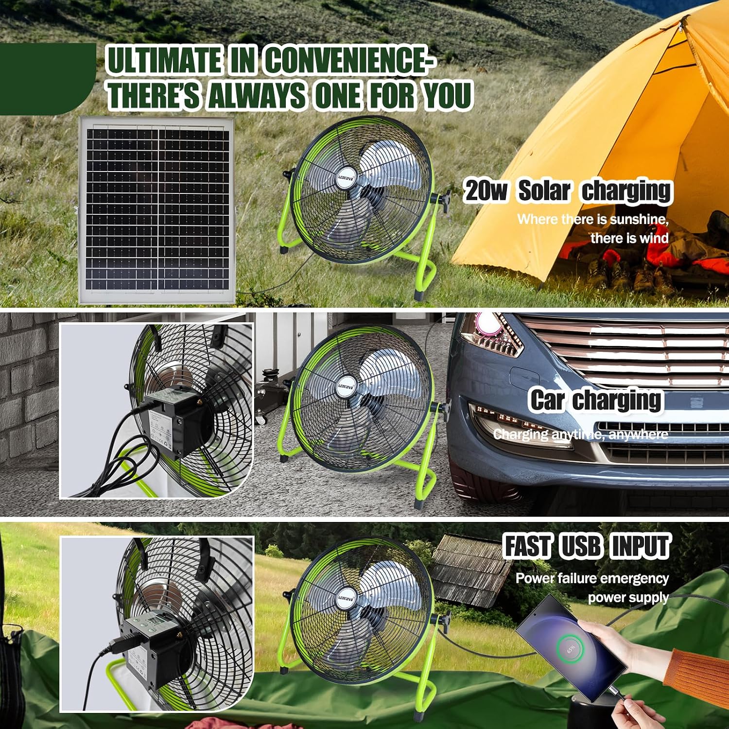lcocove 14Inch Outdoor Fan, Battery Operated Fan Can Running 3.5-24 Hours, Solar Fans For Home,Outside,Shed,Patio,Greenhouse, with USB Output For Phone