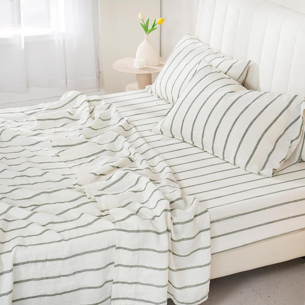S VICTORY SYMBOL 100% Organic Linen Sheets Set,Yarn Dyed Green Vertical Stripe Bed Sheets,French Natural Flax Bedding Set,Queen Size Washed Linen 4pcs Farmhouse Bed Sheets