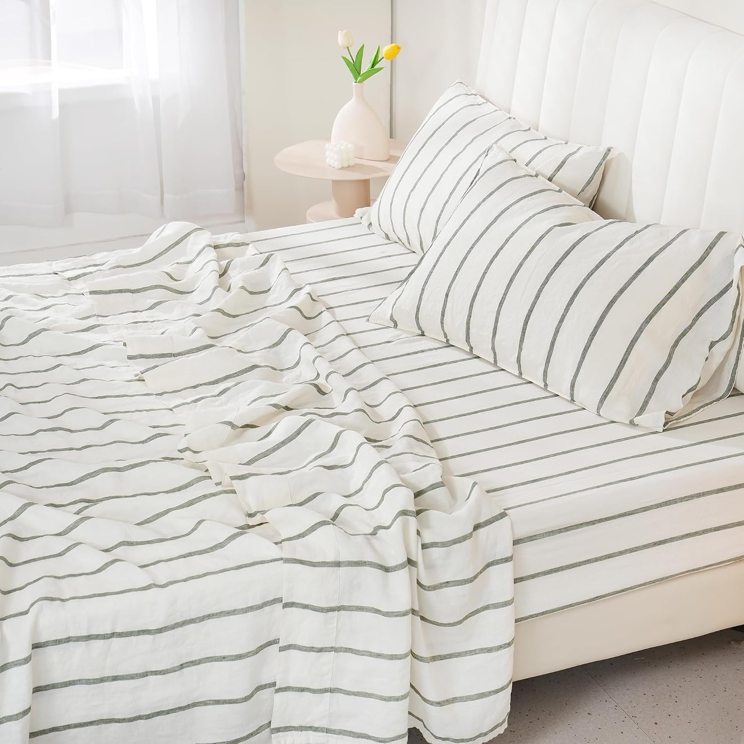 S VICTORY SYMBOL 100% Organic Linen Sheets Set,Yarn Dyed Green Vertical Stripe Bed Sheets,French Natural Flax Bedding Set,Queen Size Washed Linen 4pcs Farmhouse Bed Sheets