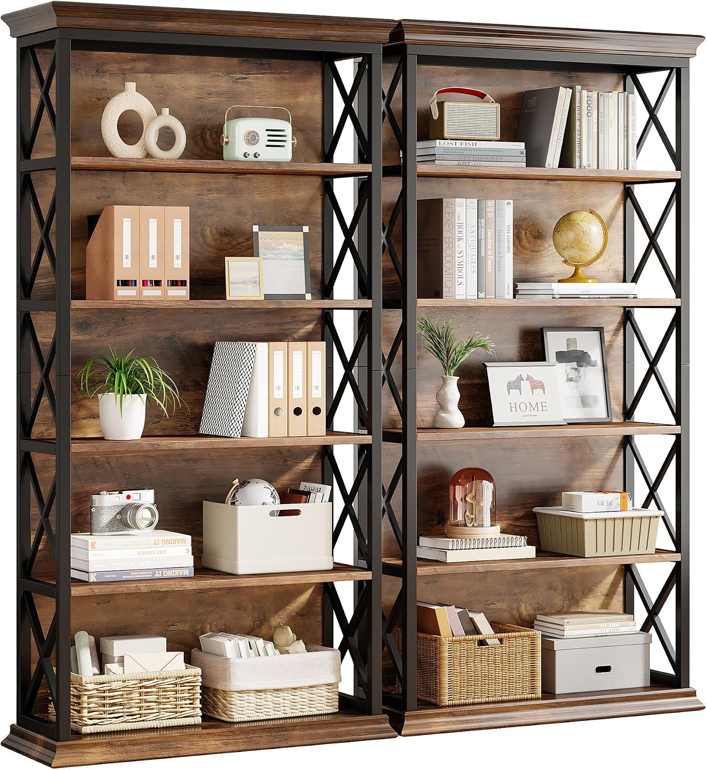 Tribesigns 6-Tier Bookcase Set of 2, 71 Inches Industrial Bookshelves and Bookcases, Floor Standing 5 Shelf Display Storage Shelves Tall Bookcase for Home Office, Living Room, Bed Room