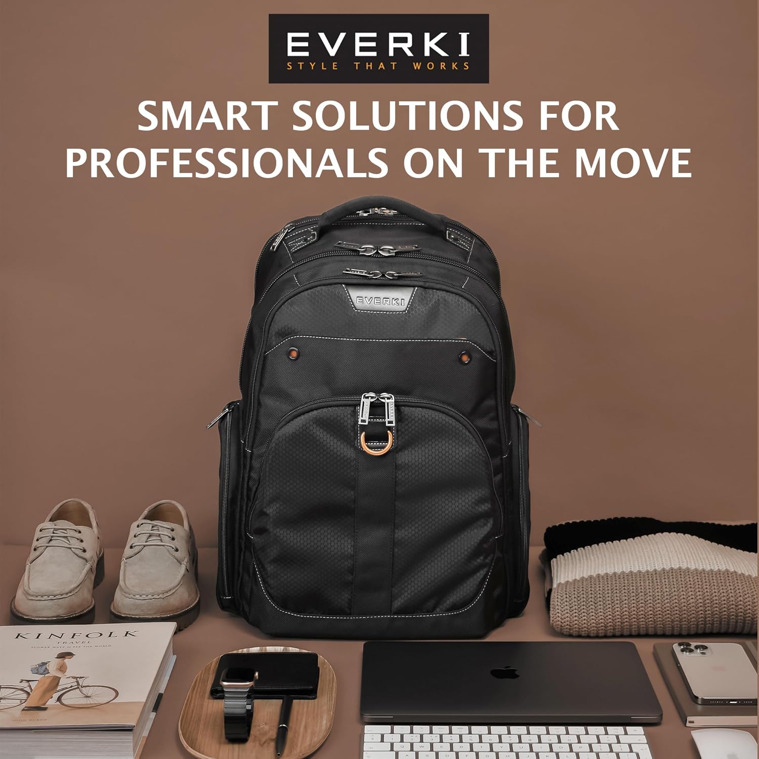 EVERKI Atlas Business Laptop Backpack Bundle + Compression Packing Cube Set - Packing Cubes for Backpack & Trolley 4.6L & 9L + 29L/32L Laptop Backpack for Work, Travel, Men & Women - Black & Orange