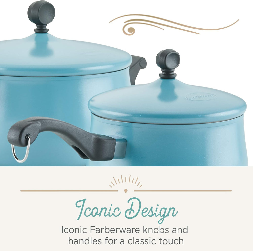 Farberware 120 Limited Edition Stainless Steel Cookware Pots and Pans Set with Prestige Kitchen Tools, 10 Piece, Aqua Blue