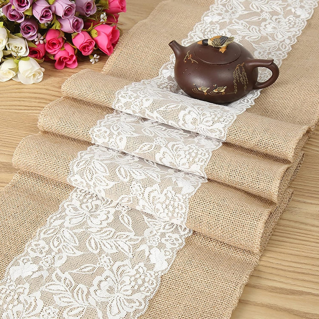 Table Runner RENRUIRUI- 10 Pack Burlap Lace for Rustic Farmhouse Style Wedding Banquet Birthday Party Table Decor,12 X 108 Inch