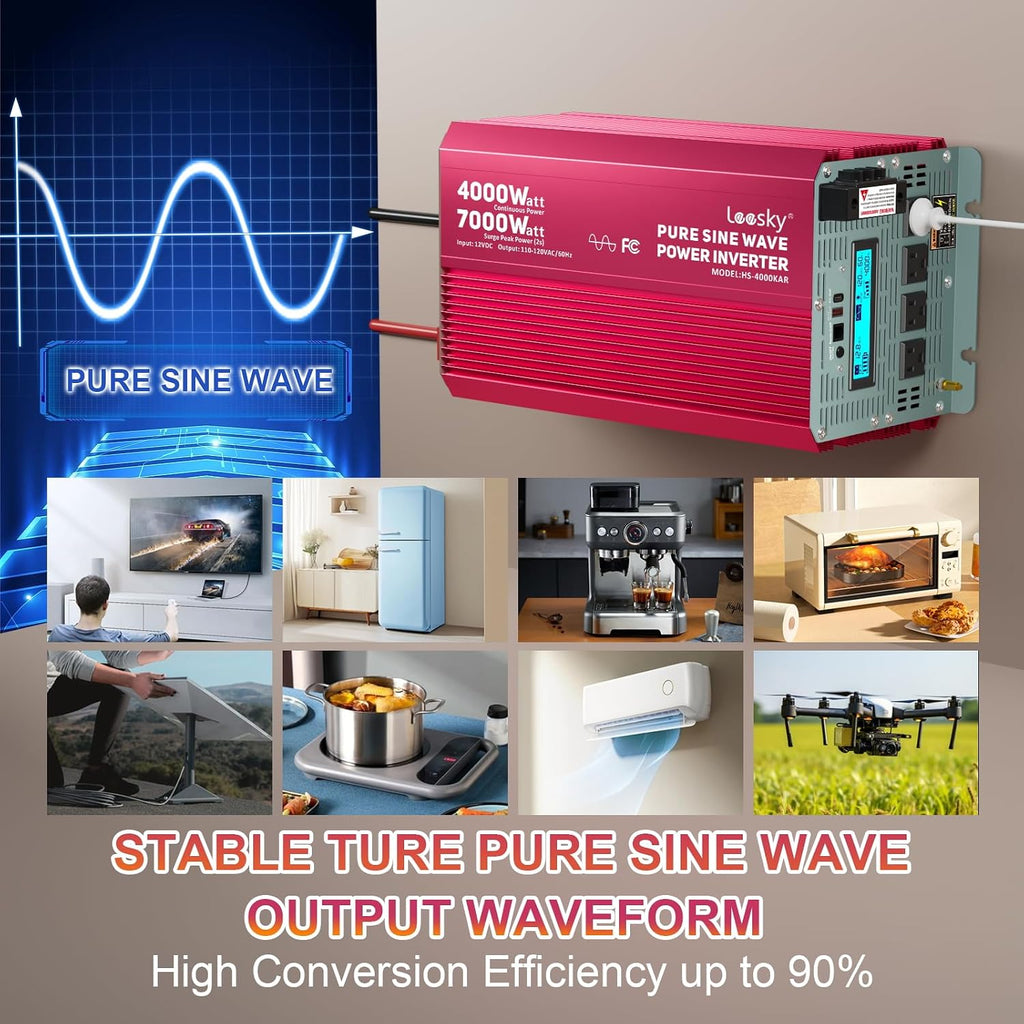 4000 Watt Pure Sine Wave Inverter 12V DC to 110V 120V AC Surge Peak 7000 Watt for 2s Compatible with Lithium Battery, for Home RV Car Off-Grid Solar System Truck Vehicle LEESKY