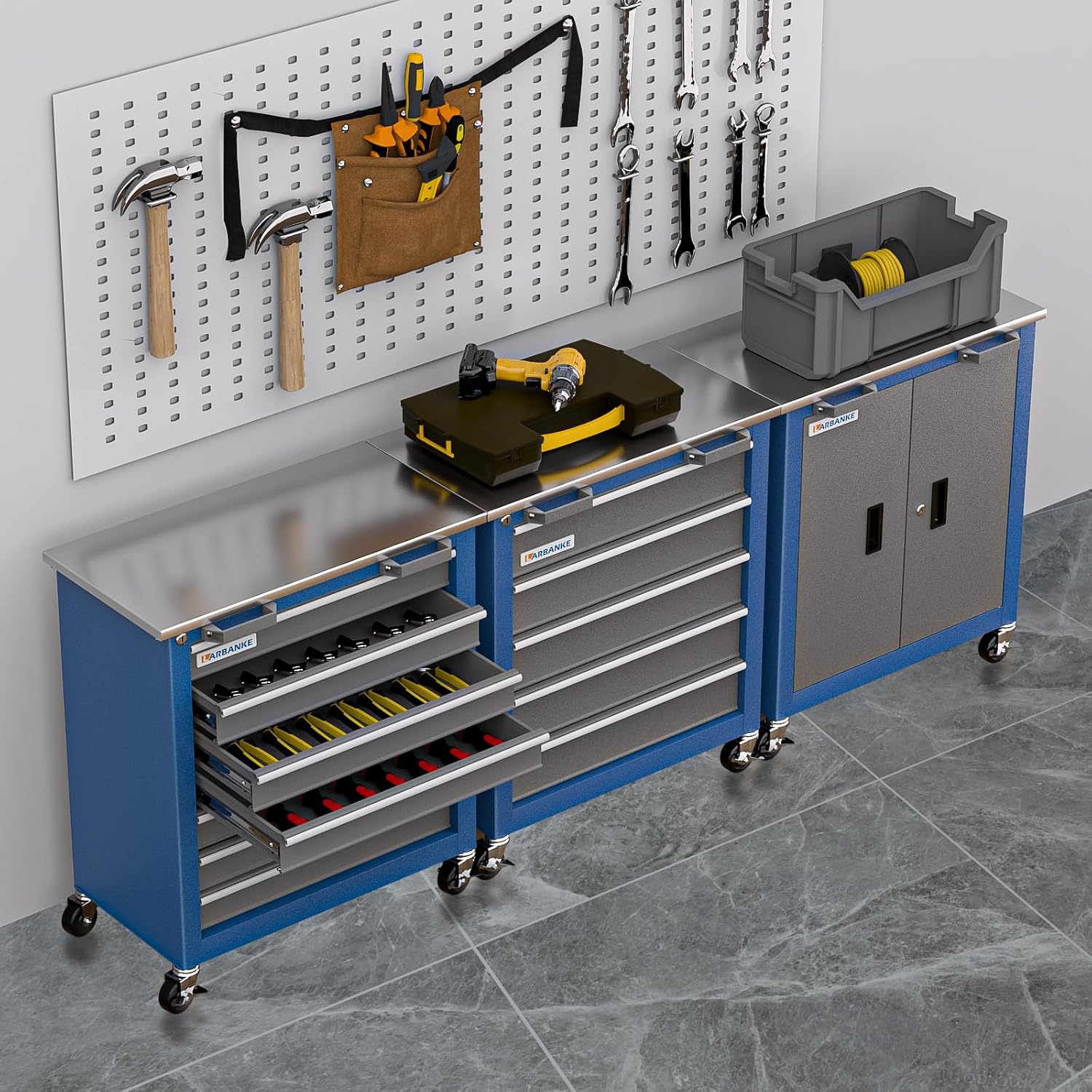 LARBANKE Combination 12-Drawer Tool Chest with Stainless Steel Countertop,7 Drawer 5 Drawer Tool Chest for Connected Use,Locking System Tool Storage Cabinet with Wheels and Padded Feet