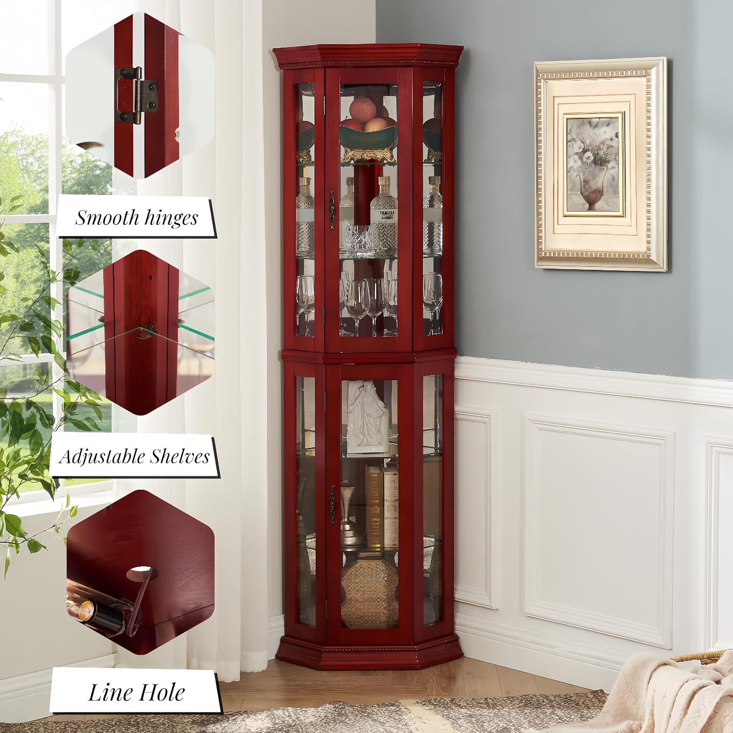 Ball & Cast 70' H Lighted Corner Curio Cabinet, Glass Display Cabinet with 6 Tempered Adjustable Glass Shelves and Doors,Include Light Bulb, Rack for Living Room,Cherry