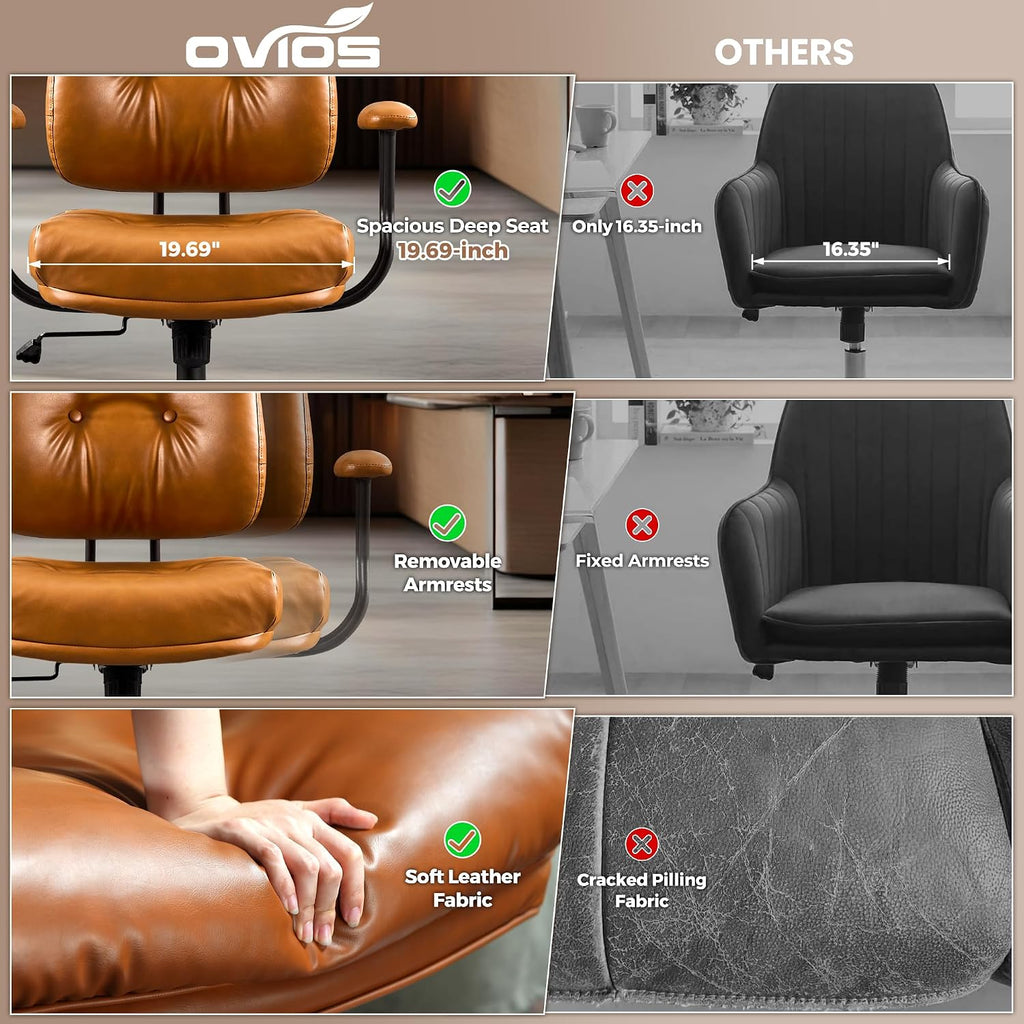 ovios Ergonomic Office Chair, Mid Back Faux Leather Executive Chairs with Thick Cushion, Comfy Mid-Century Modern Swivel Rolling Computer Armchair (Brown, PU Leather)