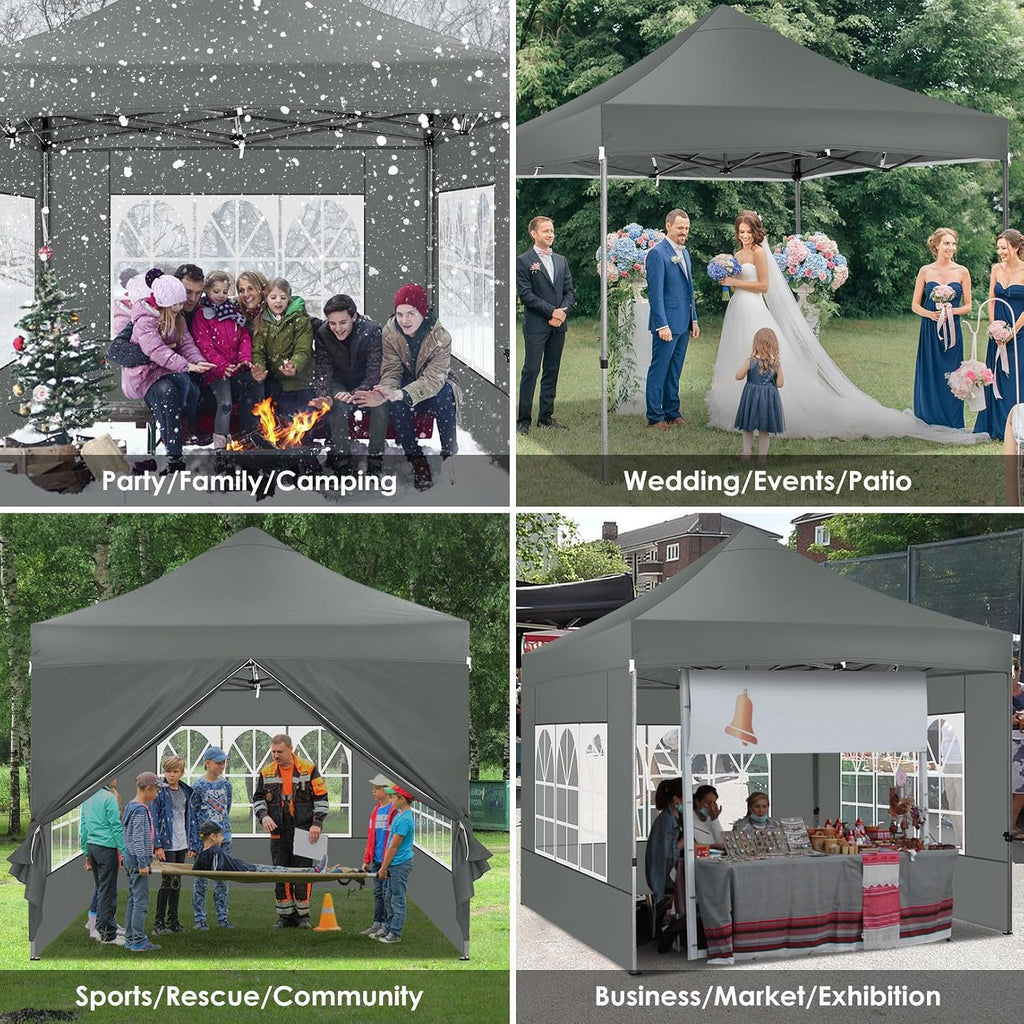 COBIZI Pop up Canopy Tent 10x10 Heavy Duty Gazebo with 4 Sidewalls, UPF 50+ All Weather Waterproof Commercial Outdoor Wedding Party Tents Canopy with Roller Bag, Deep Gray