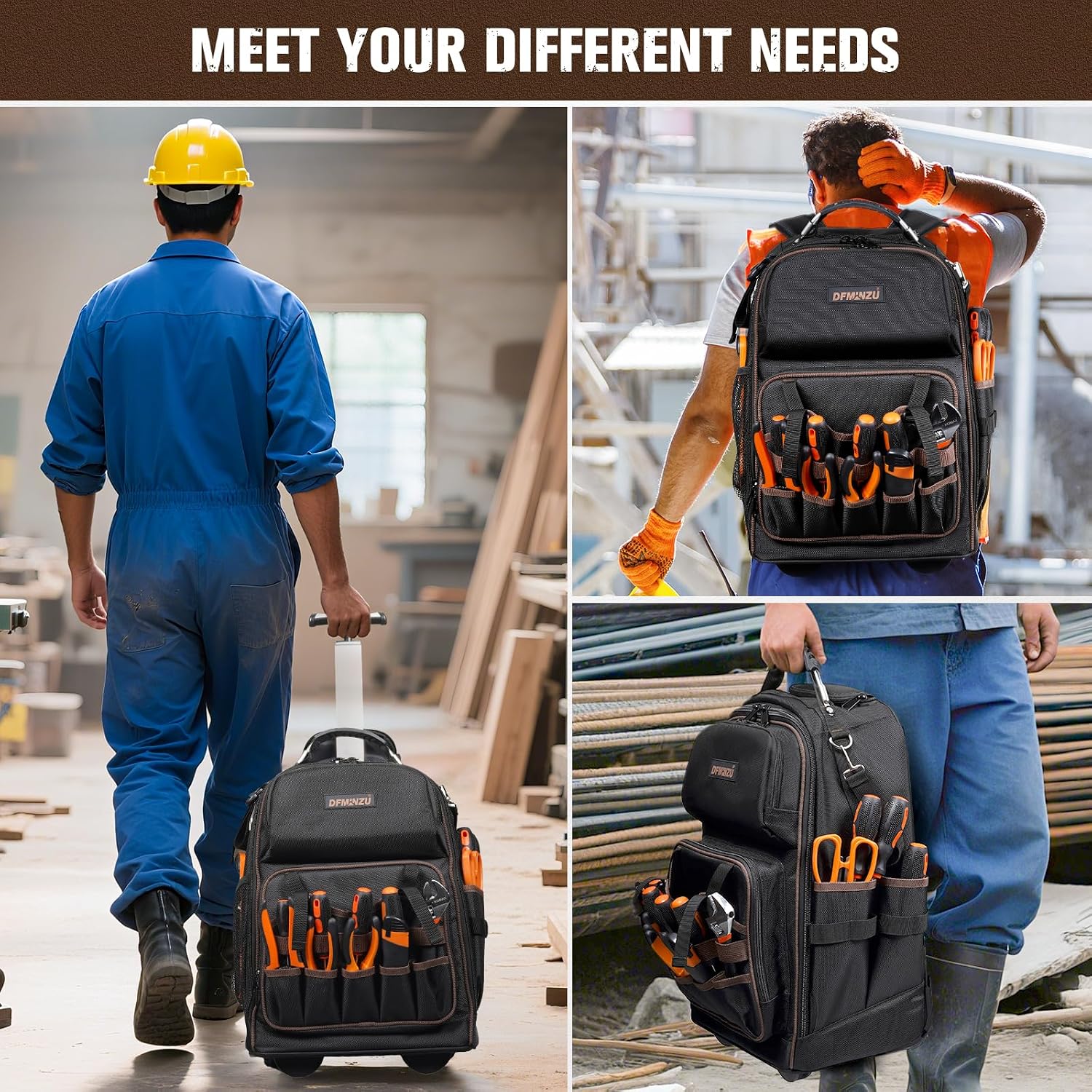 Rolling Tool Backpack Heavy Duty, 43 Pockets Tool Backpack with Wheels, Rolling Tool Bags for Men with Retractable Handle, 1680D Tool Bag with Wheels for Electrician Construction Worker Mechanic HVAC