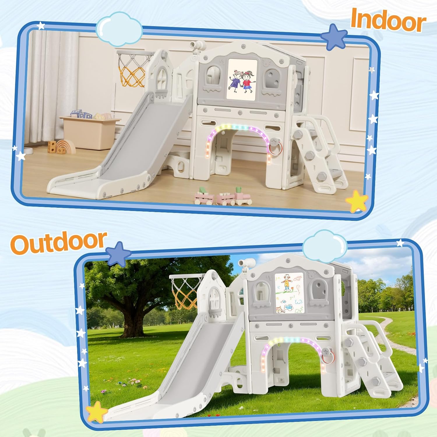 BIERUM 9 in 1 Toddler Slide Set - Baby Slide for Toddlers 1-3 with Colorful Lights, Drawing Board and Building Blocks Board, Indoor Outdoor Toddler Playset Playground, White Gray