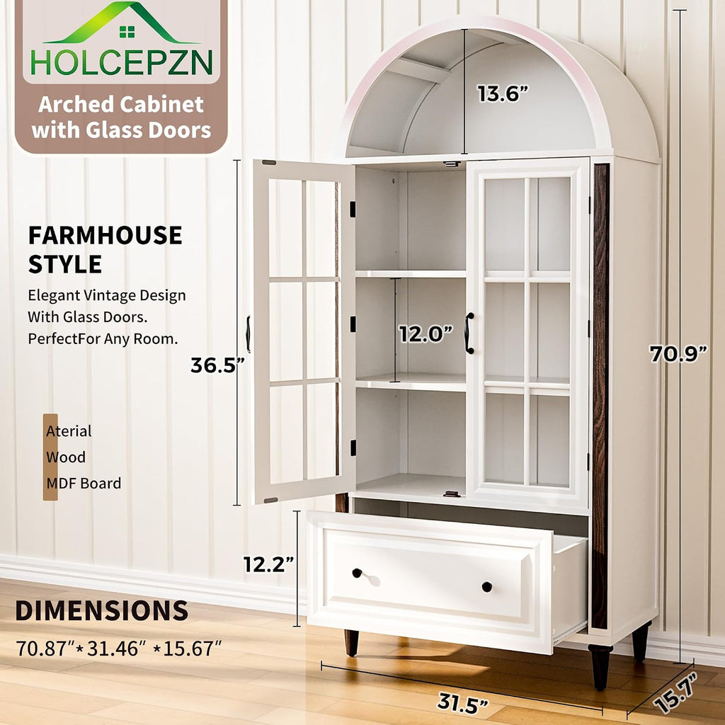 71' Handcrafted Arched Bookcase, Filing Cabinet for Home Office, Wooden Display Cabinet with Glass Doors and Adjustable Shelves for Living Room, Dining Area, and Office, White