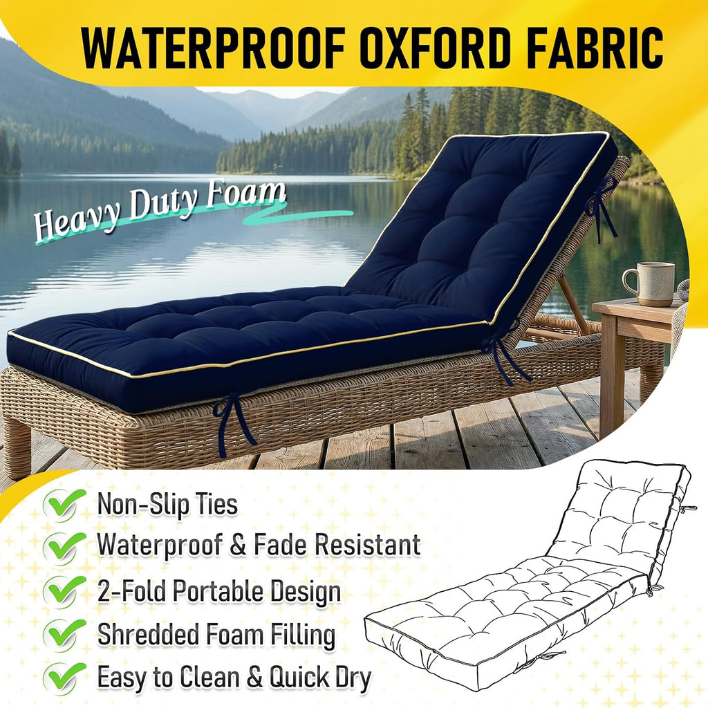 2 Pack 72x21 Inch Folding Chaise Lounge Cushion Quick Dry - Outdoor Sun Lounger Seat Pad with Shredded Foam for Patio Furniture, Deck Chairs, Poolside (Blue, 72 INCH × 21 INCH-2 Pack)
