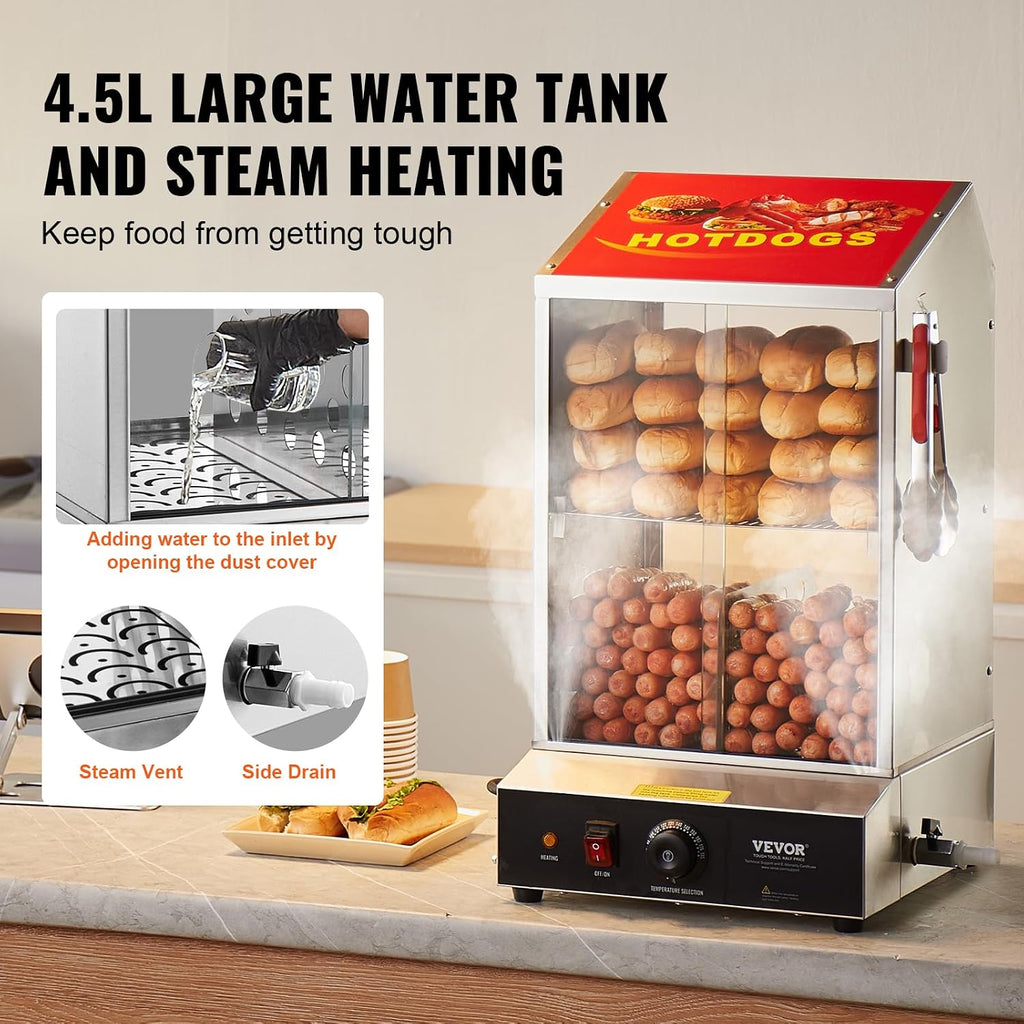 VEVOR Hot Dog Machine, 36 L, 2-Tier Hot Dog Steamer for 200 Hotdogs & 42 Buns, 1200W Electric Bun Warmer Cooker with Rotary Knob Temp Display