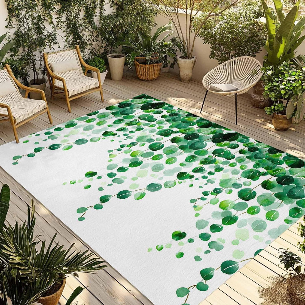 Outdoor Rug 4x6ft Spring Summer Gradient Green Leaves*Watercolor Botantical Patio Area Rugs Waterproof Easy Cleaning Non Shedding Thick Mats Carpet for Indoor Outdoor Porch Deck Backyard Balcony