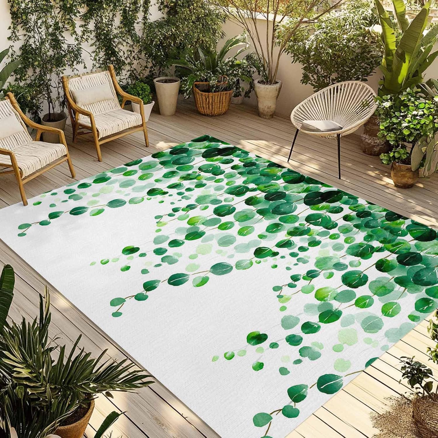 Outdoor Rug 4x6ft Spring Summer Gradient Green Leaves*Watercolor Botantical Patio Area Rugs Waterproof Easy Cleaning Non Shedding Thick Mats Carpet for Indoor Outdoor Porch Deck Backyard Balcony