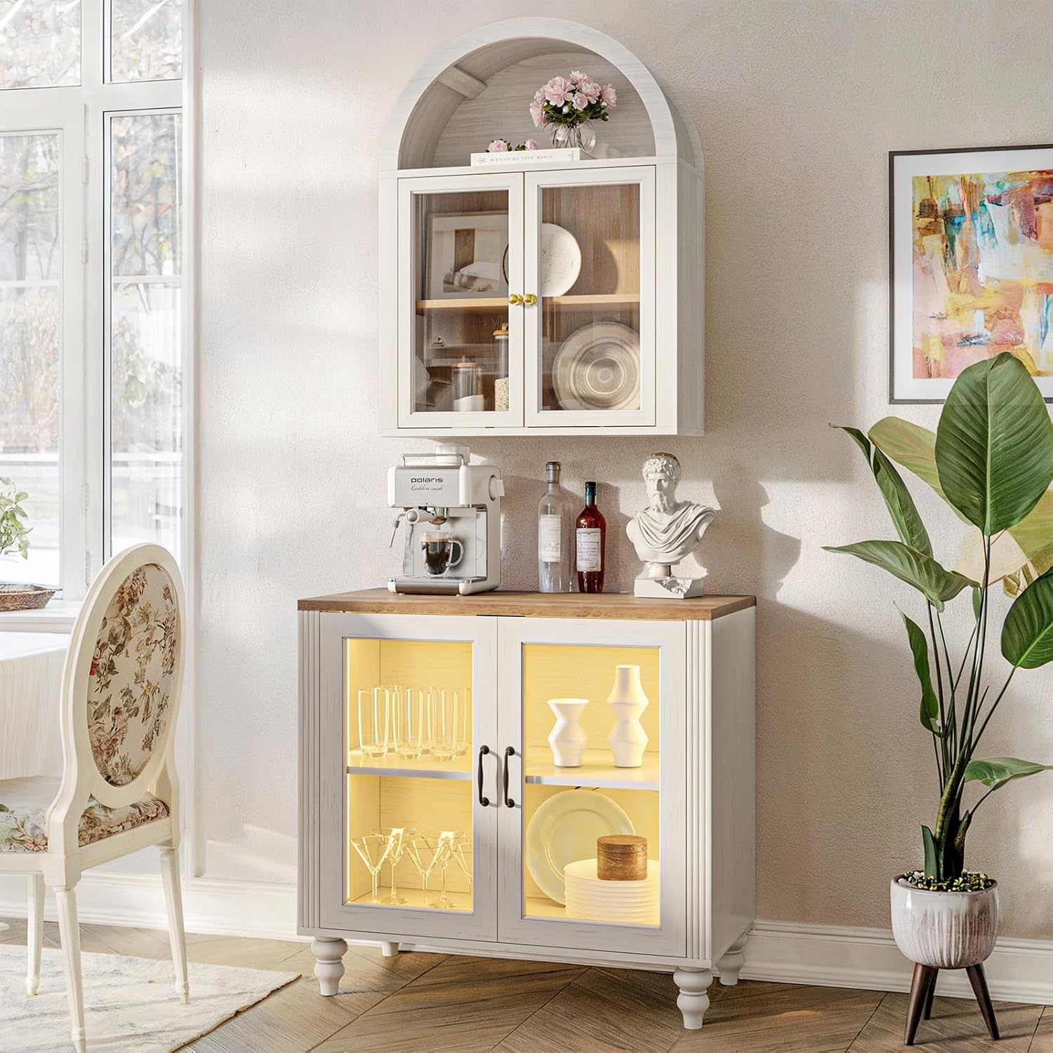 NEWOWNDS Arched Wall Cabinet,Glass Display Wall Mounted Cabinet with Tempered Glass Doors, Floating Cabinet with Adjustable Shelves for Bathroom,Living Room, Kitchen