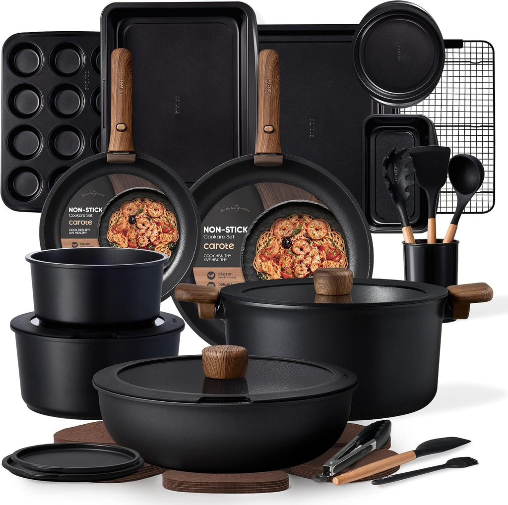 CAROTE 31pcs Nonstick Pots and Pans Set with Baking Pans Set, Cookware Sets with Detachable Handle, Kitchen Cooking Set - Camping Cookware, Dishwasher & Oven Safe, Induction Compatible