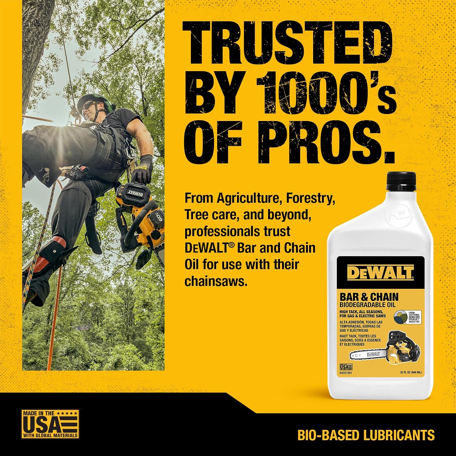 DEWALT – Biodegradable Bar & Chain Oil – Green, Eco-Friendly, Non-Toxic Professional Bar & Chainsaw Lubricant – Ultraclean All-Season Oil for Gas, Electric Saw, and Pole Saw, 32 oz (Case of 12)