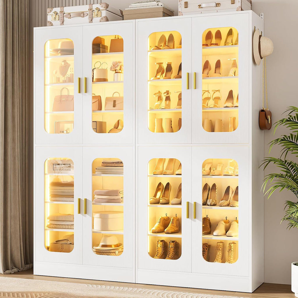 Cyclysio 67' Display Cabinet with PC Doors & LED Lighting - 8-Tier Storage Cabinet with 330lb Capacity & Adjustable Shelves for Entryway, Bedroom (White, Set of 2)