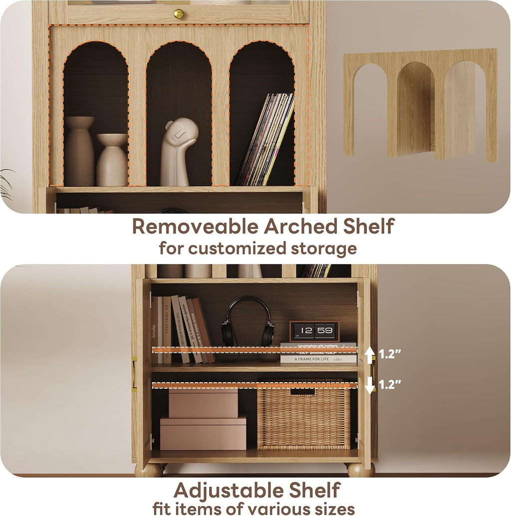 LIKIMIO 72.8' Tall Arched Cabinet, 5-Tier Bookshelf, LED Light Display Cabinet with Glass Doors, Rattan Storage Pantry with Adjustable Arch Shelf for Kitchen, Living Room, Office, Natural