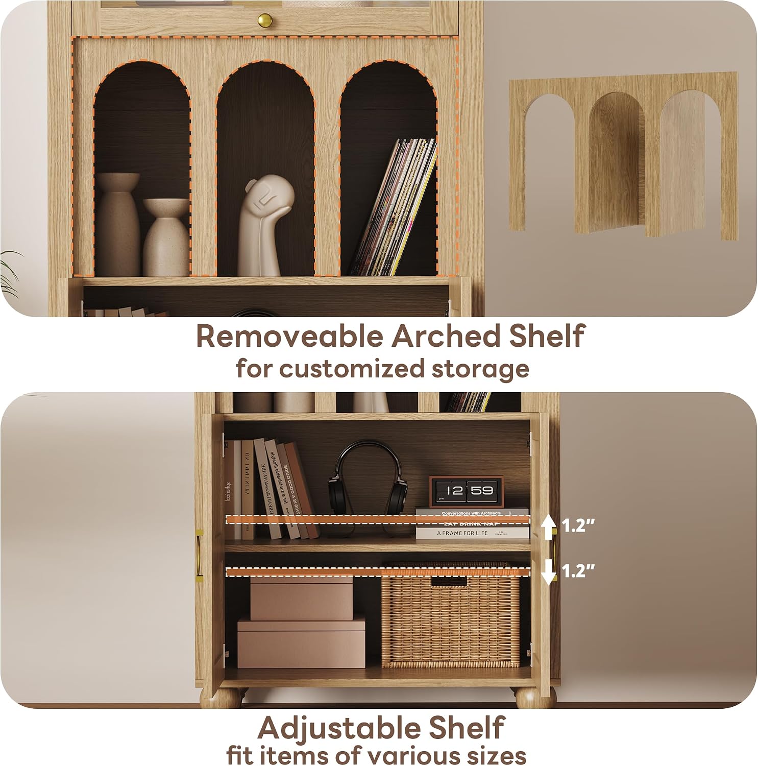 LIKIMIO 72.8' Tall Arched Cabinet, 5-Tier Bookshelf, LED Light Display Cabinet with Glass Doors, Rattan Storage Pantry with Adjustable Arch Shelf for Kitchen, Living Room, Office, Natural