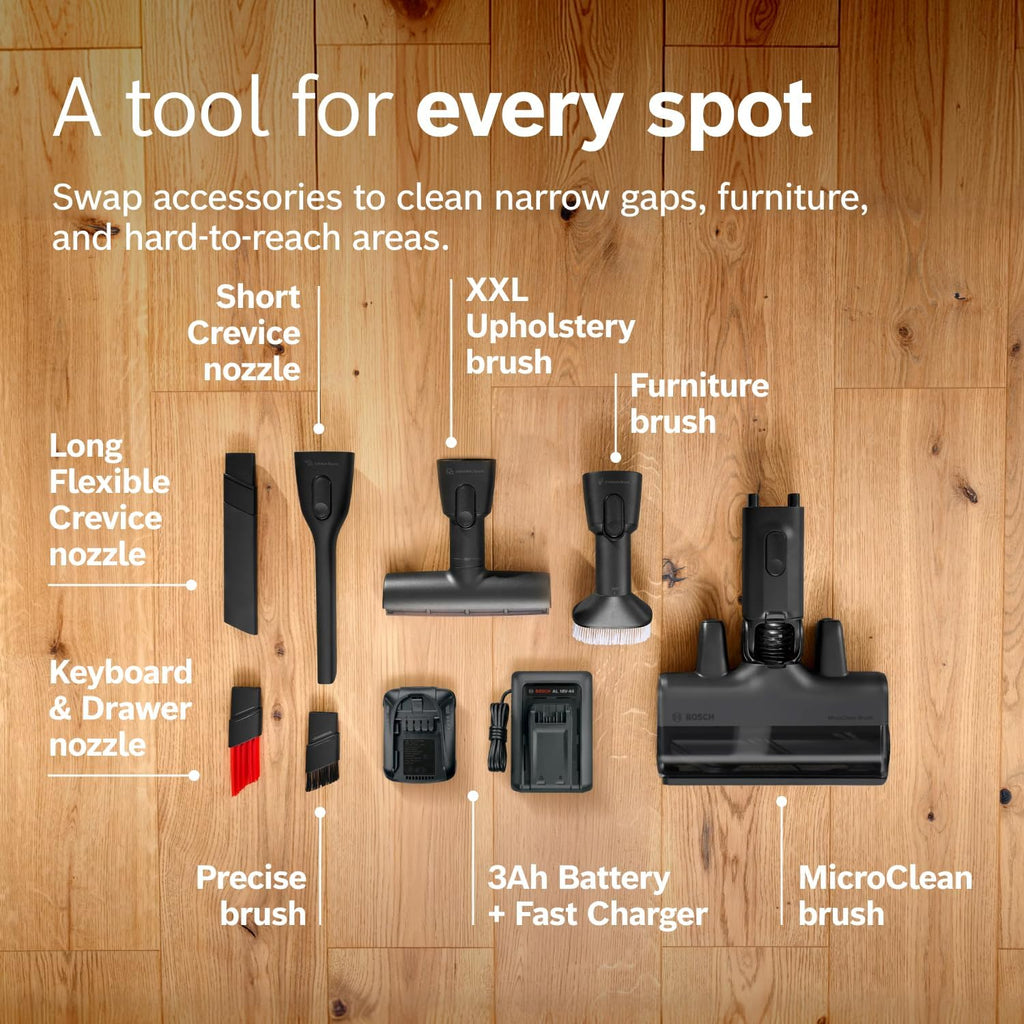 Bosch Unlimited 9 Cordless Stick Vacuum Cleaner - Up to 60 Min Battery, Fast Charger, Multi-Surface, Vacuums Pet Hair, Hard Floors and Carpets, HEPA Filter, 6 Accessories, Dark Cream