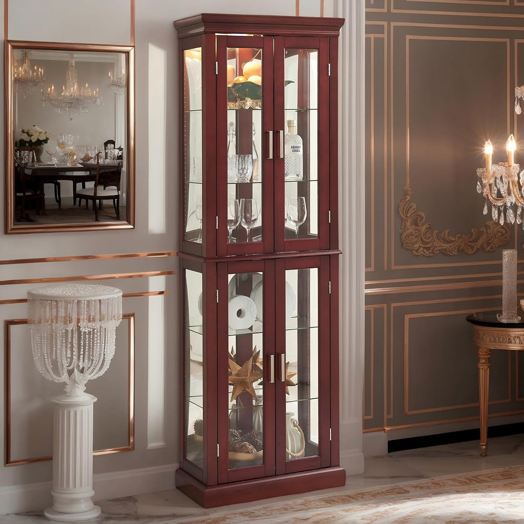 71' Lighted Curio Cabinet with 6 Adjustable Shelves, Vintage Glass Display Case, Tempered Glass Doors, Tall Wine Bar Cabinet for Living Room Liquor Storage (E26 light bulb not included) (Cherry)