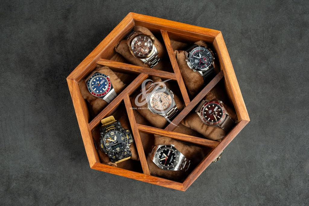 Royal Craft Expertise 7-Slot Honeycomb Wooden Watch Box – Handcrafted Indian Rosewood Timepiece Display Case | Unique Multipurpose Design with Glass Lid – Luxury Gift for Him