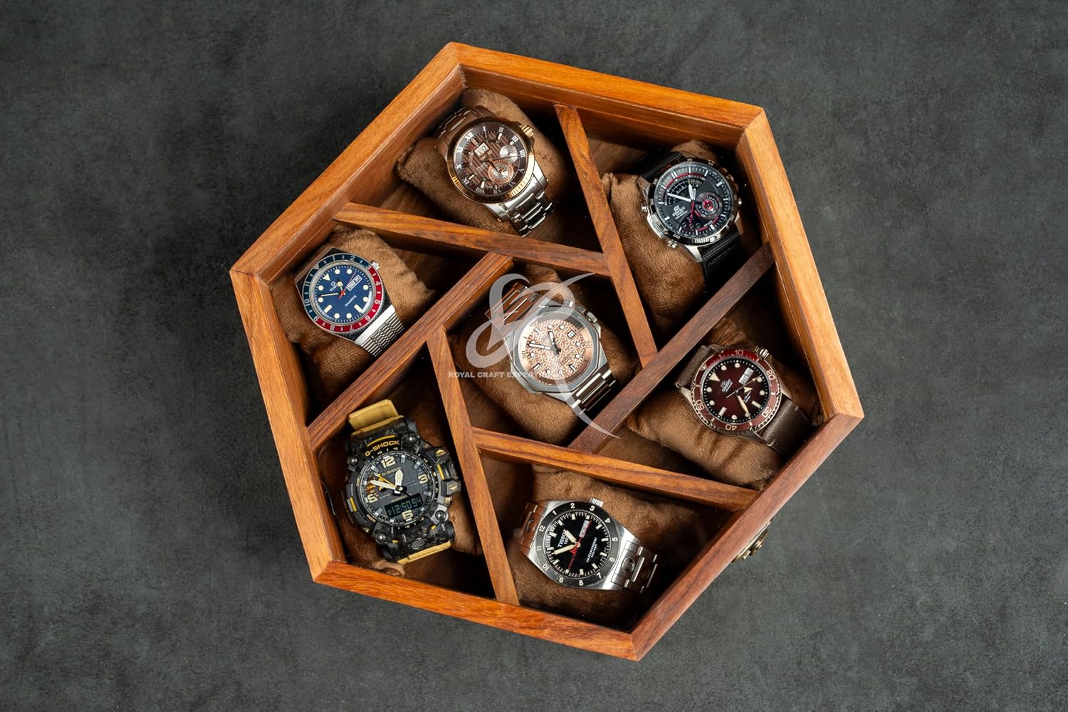 Royal Craft Expertise 7-Slot Honeycomb Wooden Watch Box – Handcrafted Indian Rosewood Timepiece Display Case | Unique Multipurpose Design with Glass Lid – Luxury Gift for Him