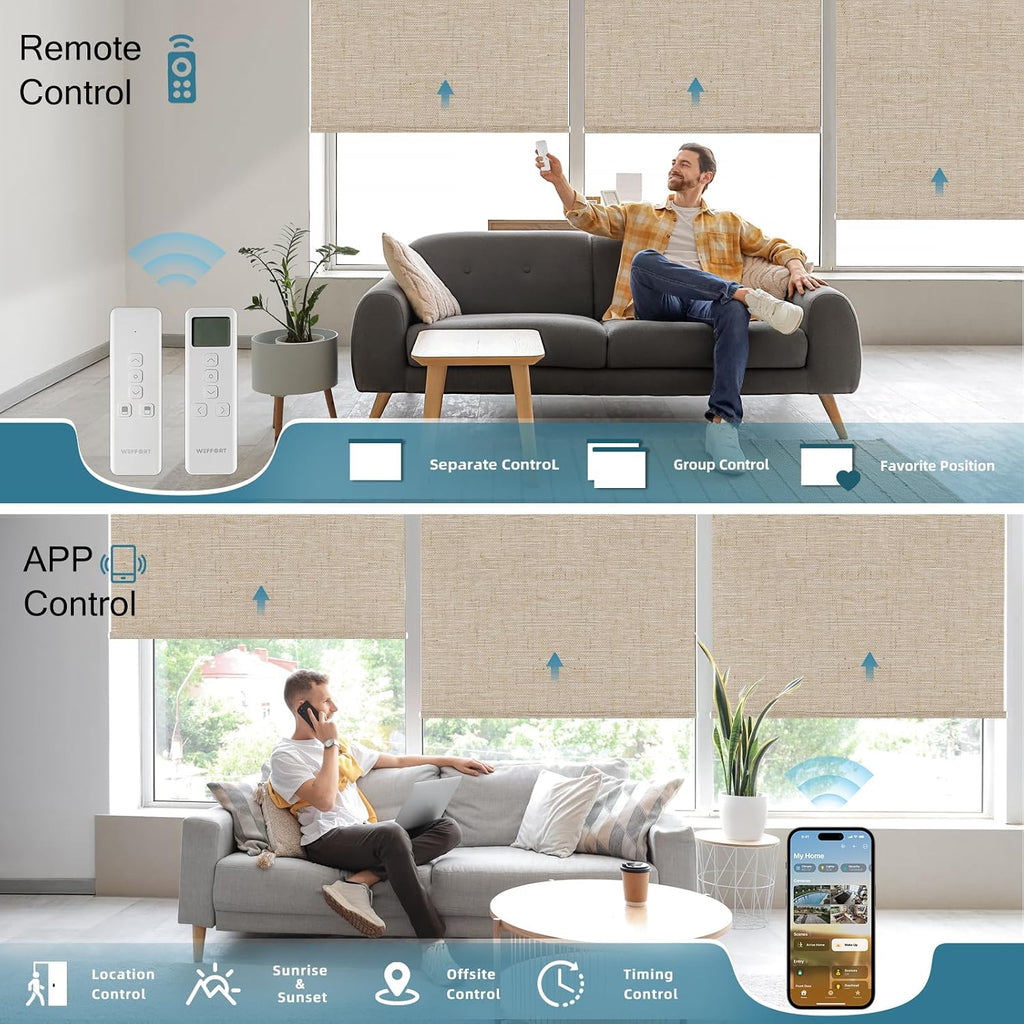 Motorized Shades with Remote,100% Blackout Smart Shades Work with Homekit, Alexa, Google Home, Remote Control, Electric Blinds with USB/Solar Pannel Charging, Linen Caramel