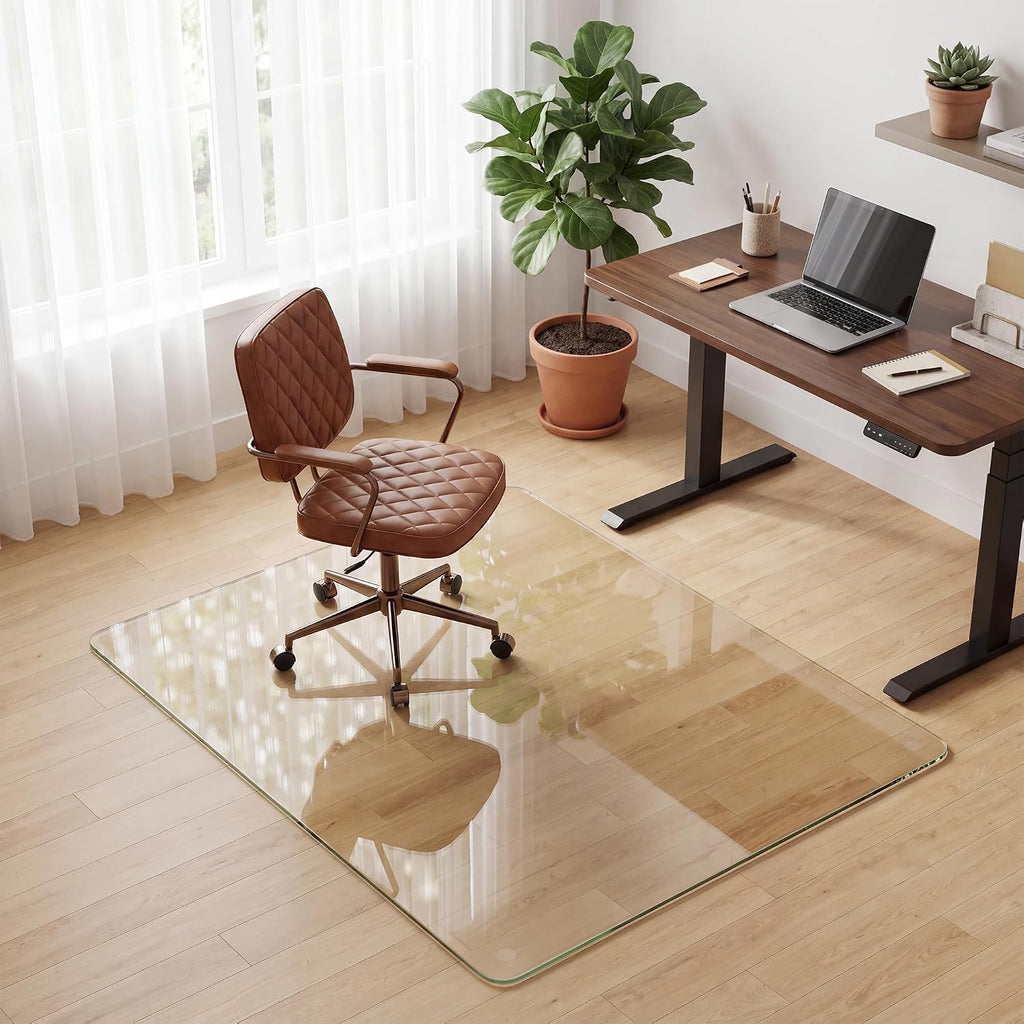 VETROUVE 48' x 60' Chair Mat for Carpet, Heavy Duty Hard Tempered Glass Desk Office Mat on Carpet or Hard Floor with 4 Anti-Slip Pads, 1/5' Thick, Smooth Rolling, Scratch Resistant, Transparent