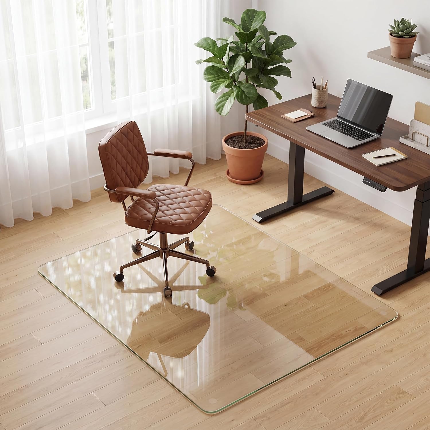 VETROUVE 48' x 60' Chair Mat for Carpet, Heavy Duty Hard Tempered Glass Desk Office Mat on Carpet or Hard Floor with 4 Anti-Slip Pads, 1/5' Thick, Smooth Rolling, Scratch Resistant, Transparent