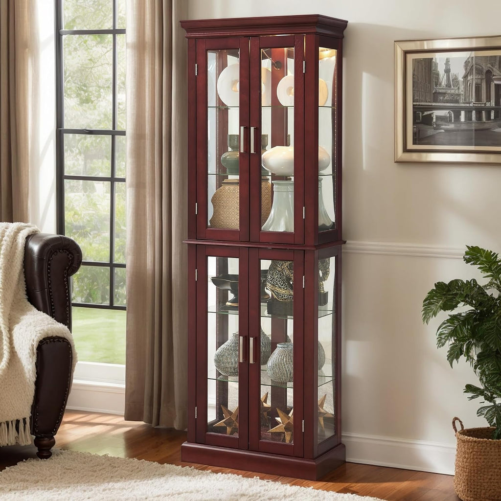 71' Lighted Curio Cabinet with 6 Adjustable Shelves, Vintage Glass Display Case, Tempered Glass Doors, Tall Wine Bar Cabinet for Living Room Liquor Storage (E26 light bulb not included) (Cherry)