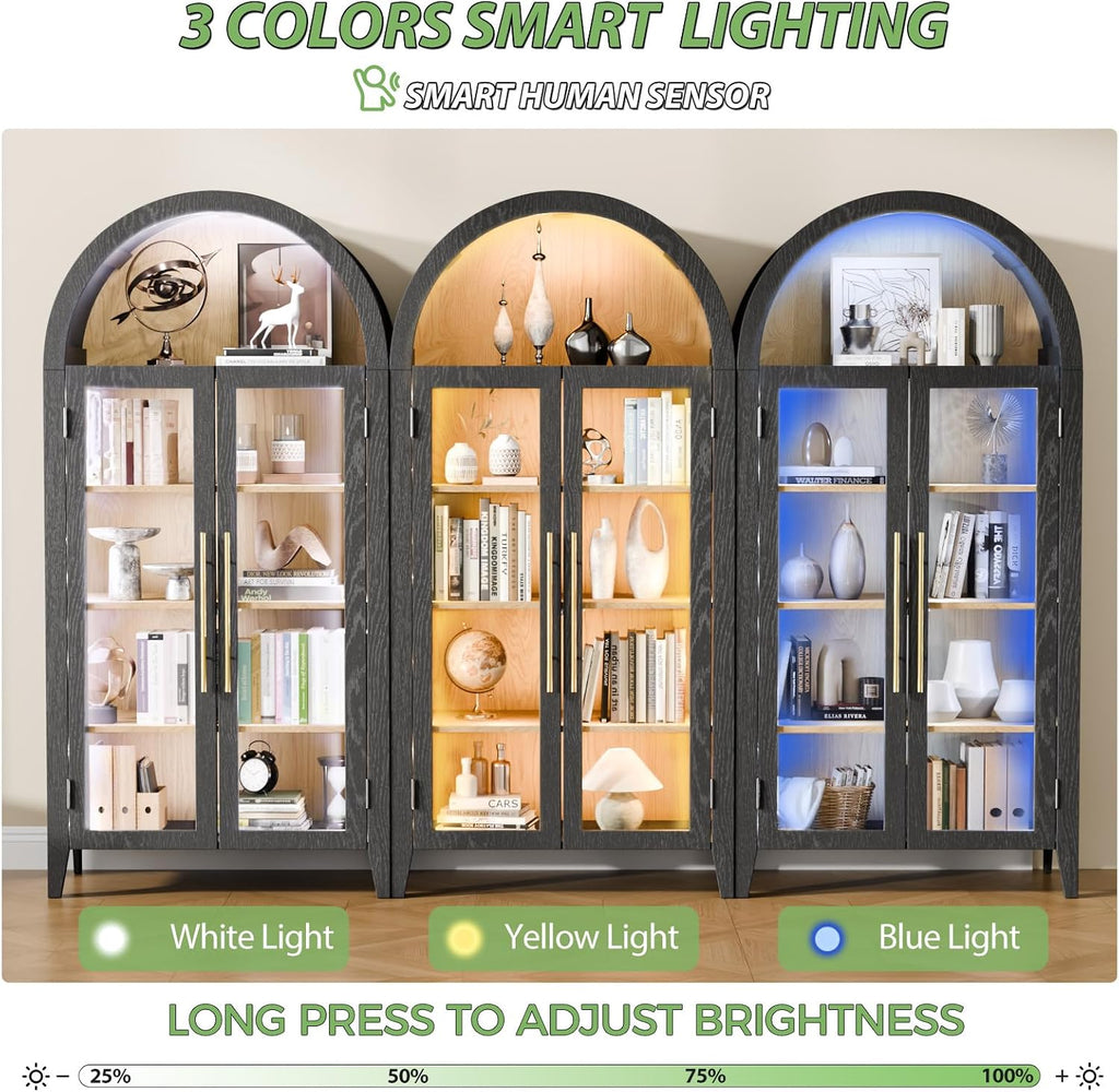 71'H Arched Storage Cabinet with Glass Doors, Modern Display Cabinet with 3 Color Light & Human Body Sensor, 5 Tier Kitchen Pantry Cupboard for Living Room, Dining Room, Black & Oak