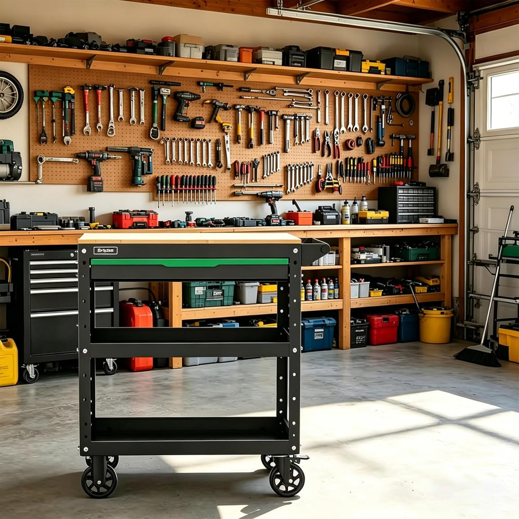 Rolling Tool Cart, 3-Tier Workshop Storage, Black Metal Frame with Wooden Top Workbench, Heavy-Duty Wheels,330LB Load Capacity Organizer Cabinet for Garage, Warehouse, Repair Shop