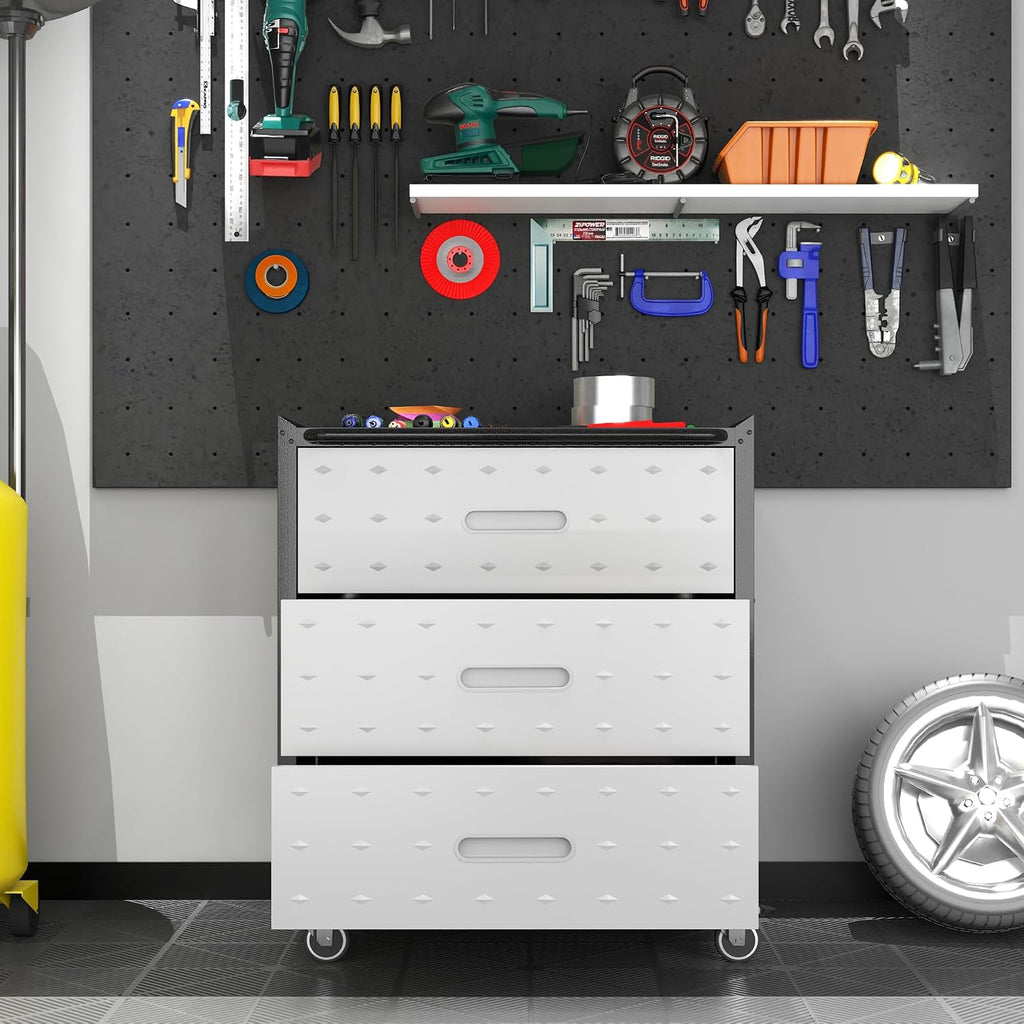 Metal Garage Storage Cabinet with Wheels, Rolling Tool Cabinet with 3 Drawers, Heavy Duty Mobile Steel Cabinet for Garage Warehouse Workshop, Assembly Required
