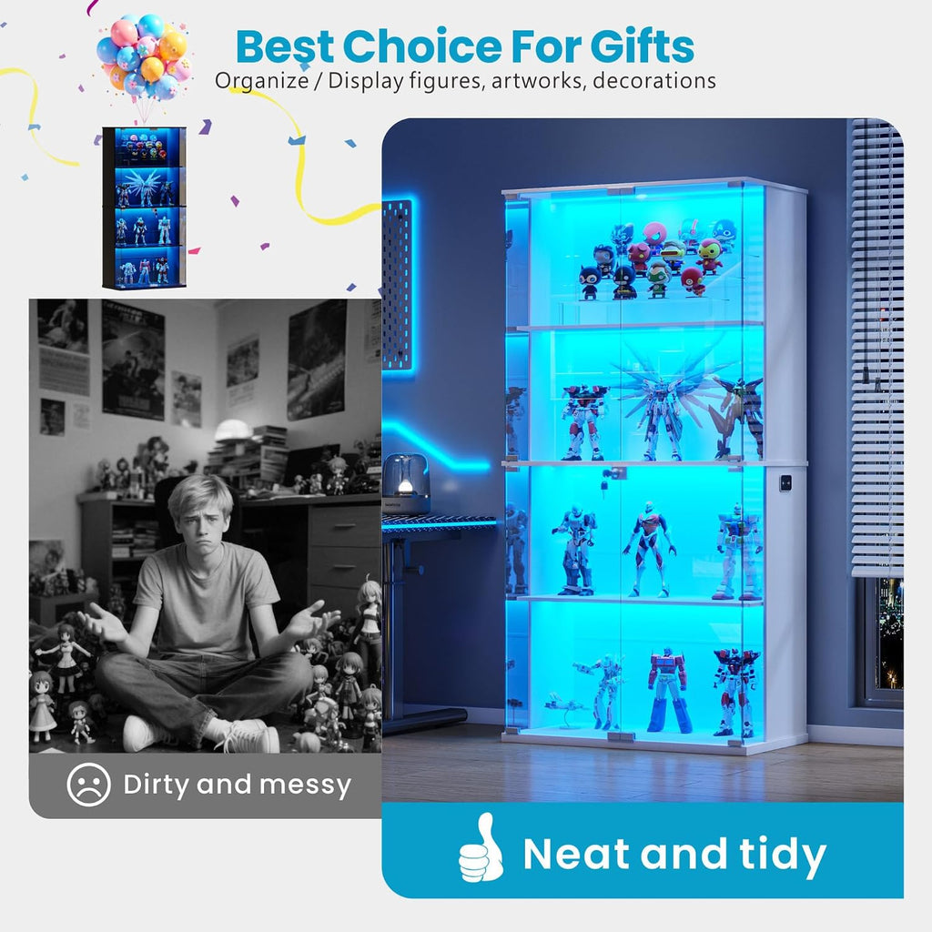 HNEBC White Display Cabinet with Glass Door,Lighted 4-Tier Curio Cabinet with3 Color Lights for Collectibles Bookcases,66' Display Case with Human Body Sensor for Living Room/Game Room