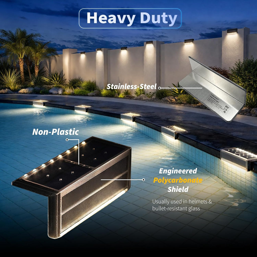 SHONELIGHTING Pool Light, Solar Powered Poolside LEDs for Inground Pool, Ultra-Thin 2-Way Lighting for Deck, Edge, Wall, Step, Outdoor Waterproof Stainless Steel for Swimming Pool (Warm White, 6 Pack)