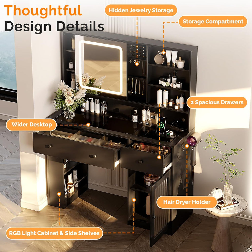 VINGLI Vanity Desk with Sliding Mirror and Lights, Glass Top Makeup Vanity Table w/Glass Cabinets w/Hidden Jewelry Storage & Power Outlets & Hairdryer Holder, 43in Black Dressing Table Gifts