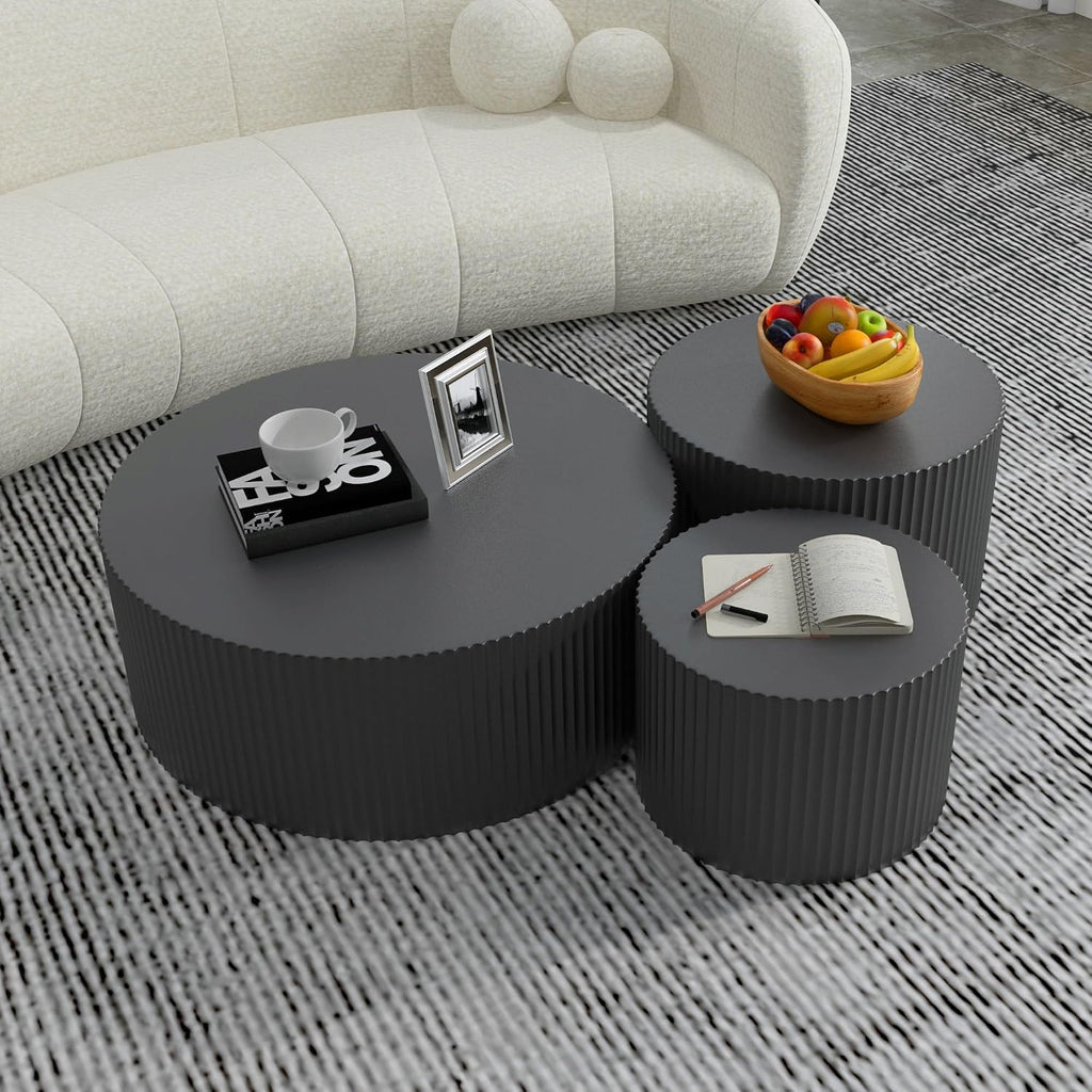 Black Round Coffee Table Set of 3 Modern Drum Circle Nesting Coffee Tables for Living Room, Contemporary Wood Fluted Embossed Side Table End Table, No Assembly, Black (3-Pcs)