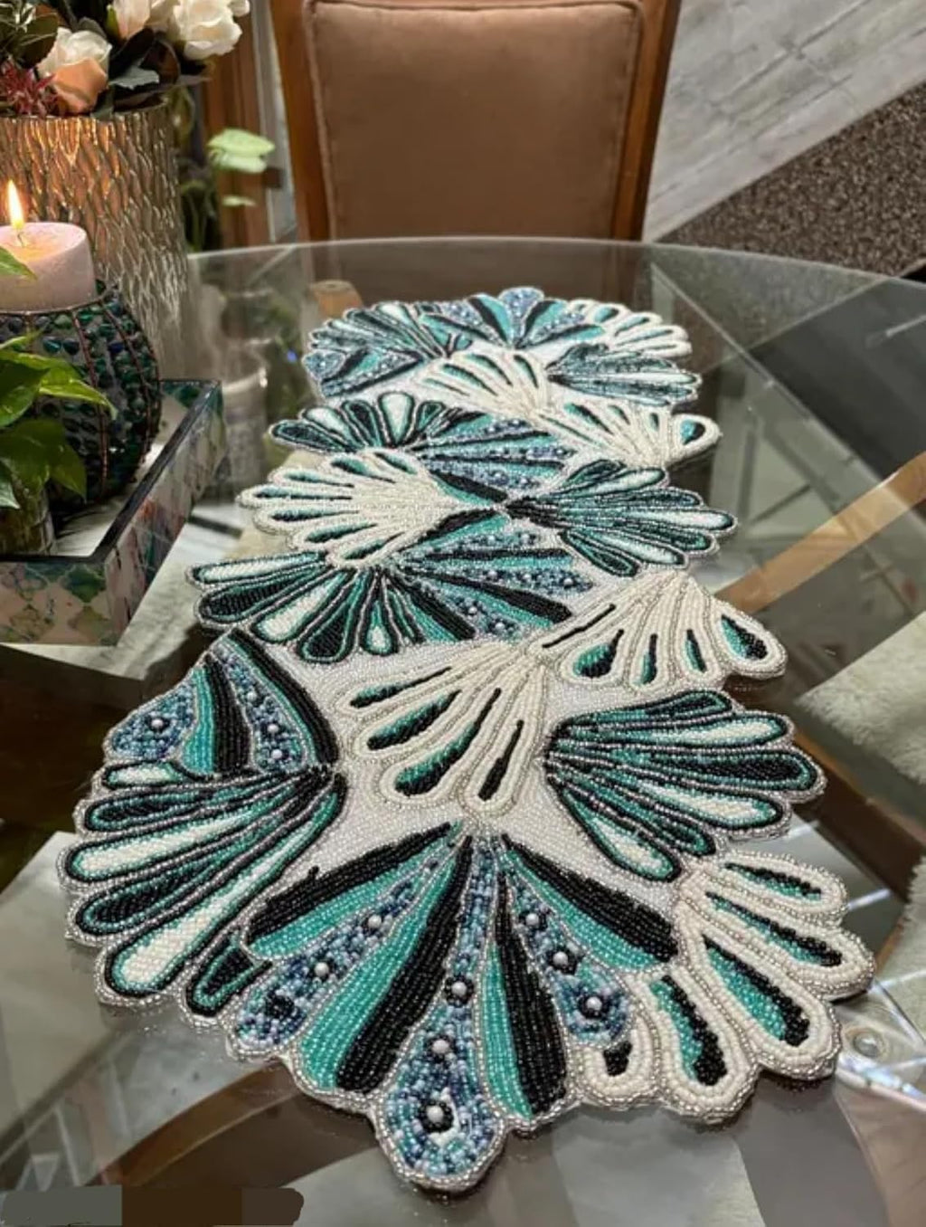 Beaded Handcrafted Table Runner, Teal Green and Cream, Decorative Home Accent, Floral Design